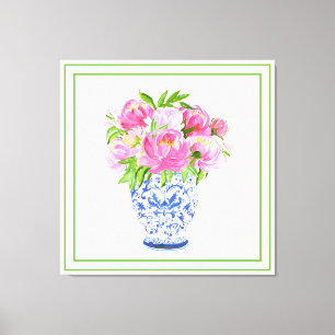 Toile Peonies roses Chinoiserie Vase Bordure verte