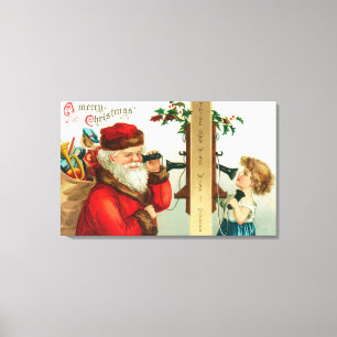 Toile Père Noël au téléphone avec la petite fille