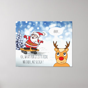 Toile Père Noël sur skateboard drôle de rennes traîneau
