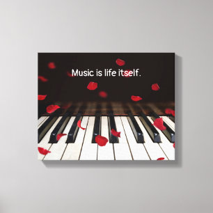 Toile Pétales Roses Rouges Sur Piano Avec Citation
