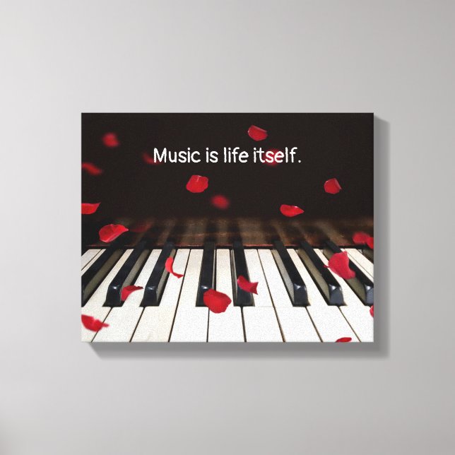 Toile Pétales Roses Rouges Sur Piano Avec Citation (Recto)