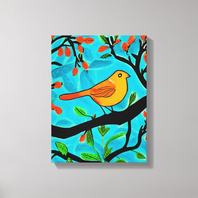 Toile Petit oiseau orange sur une branche de fleurs (Recto)