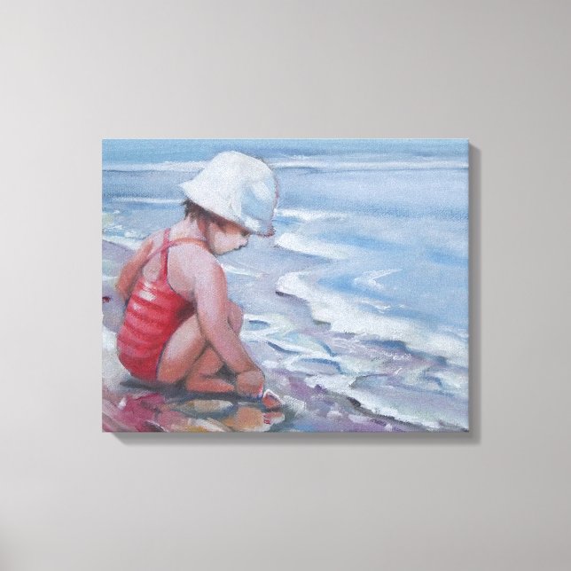 Toile Petite fille avec casquette blanc à la plage (Recto)
