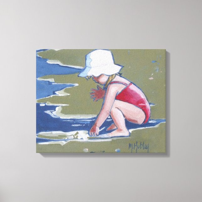 Toile Petite fille avec casquette sur la plage avec vagu (Recto)