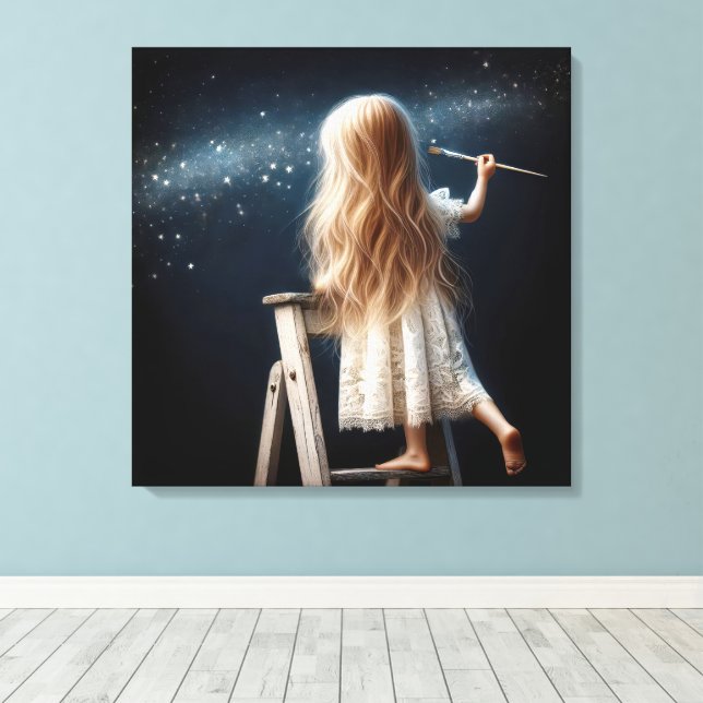 Toile Petite Fille Peindre Les Étoiles Dans Le Ciel Noct (Insitu (Plancher de Bois))