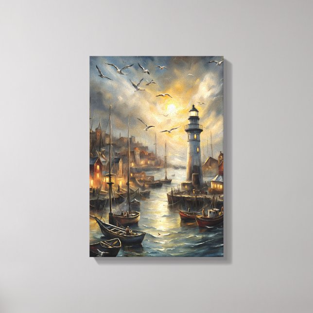 Toile Phare côtier et village balnéaire Sunset Art (Recto)