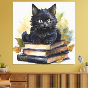 Toile Pile de livre de chat noir