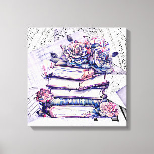Toile Pile de livres anciens, de fleurs et de notes musi