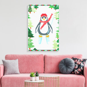 Toile Pingouin Festif Ski de Noël Design Arbre de Noël
