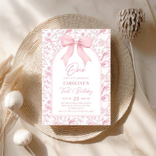 Toile Pink Bow Floral 1. Geburtstag Einladung