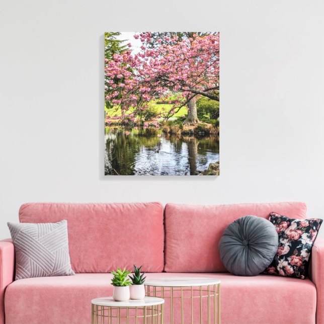 Toile Pink Cherry Blossoms and Pond Photographic (Insitu(Salon))