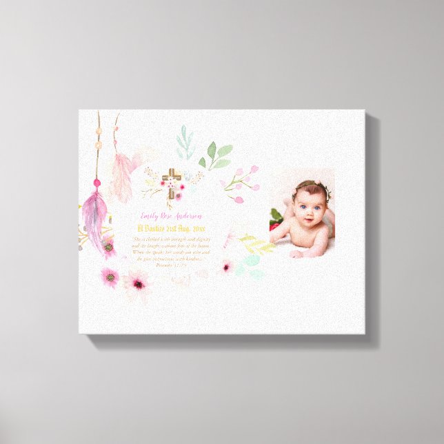 Toile Pink Floral BAUTIZO Baptême Bible Verse Photo Girl (Recto)