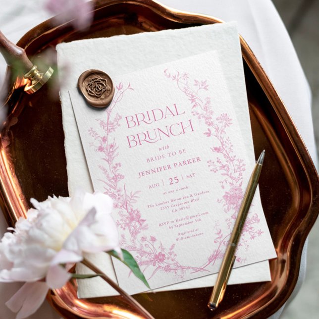 Toile Pink Floral Bridal Brunch Einladung (Von Creator hochgeladen)