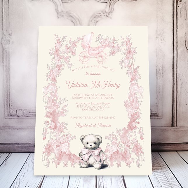 Toile Pink Floral Teddy Bären Carriage Baby Dusche Einladung (Von Creator hochgeladen)