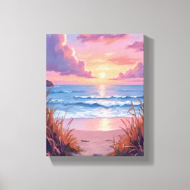 Toile Pink Ocean Sunset Beach Watercolor Painting (Recto)