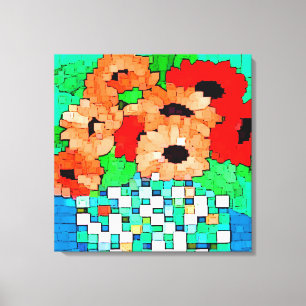 Toile Pixel Art Enveloppé Orange Fleurs Rouges