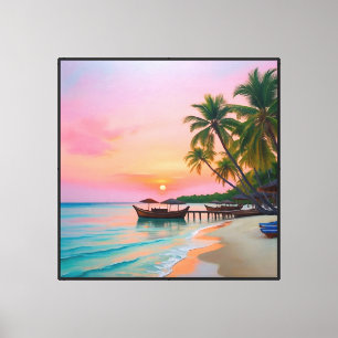 Toile Plage au coucher du soleil tropical avec bateaux e