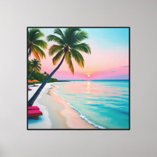 Toile Plage au coucher du soleil tropical avec palmiers