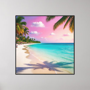 Toile Plage au coucher du soleil tropical avec palmiers