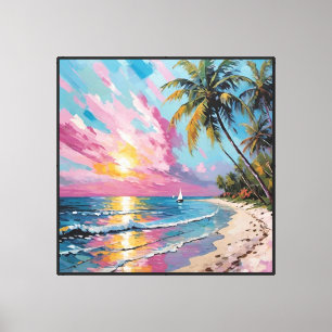 Toile Plage au coucher du soleil tropical avec voiliers