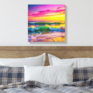 Toile Plage aux vagues de l'océan jaune et rose Vibrant