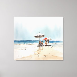 Toile Plage avec des gens et des parapluies au bord de l
