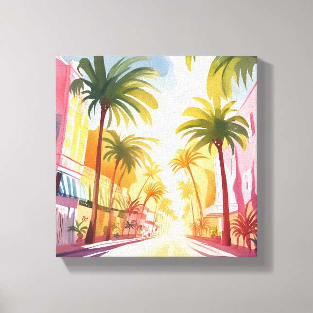 Toile Plage de Miami | Peinture Aquarelle Colorée Brilla (Recto)
