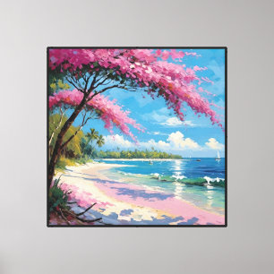 Toile Plage tropicale avec palmiers et arbre en fleurs