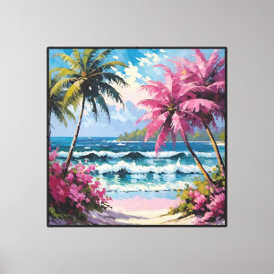 Toile Plage tropicale avec palmiers et fleurs roses  