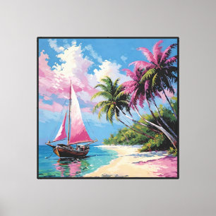 Toile Plage tropicale avec voilier et palmiers