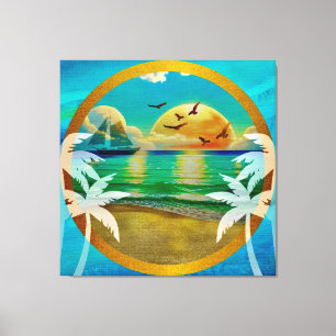 Toile Plage Tropicale Moderne Palmiers Coucher de Soleil