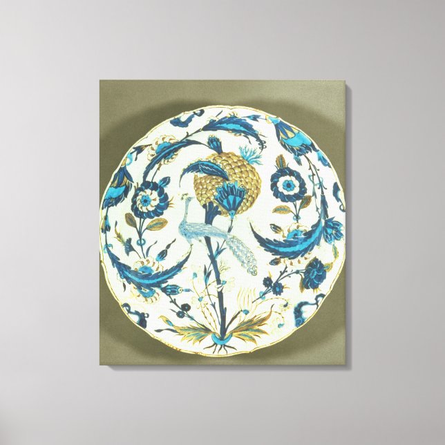Toile Plat d'Iznik peint d'un paon perché au milieu de f (Recto)