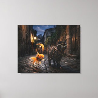 Toile Poisson doré promène un chat en laisse
