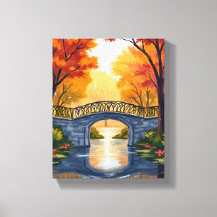 Toile Pont du parc d'automne   Aquarelle de feuillage d'