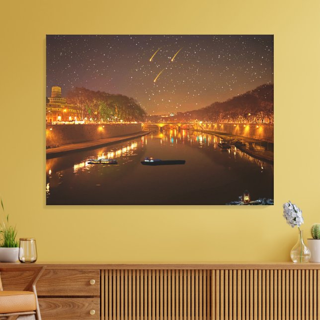 Toile Pont sur Tibre la nuit avec bateaux et étoiles (Insitu(Salon))