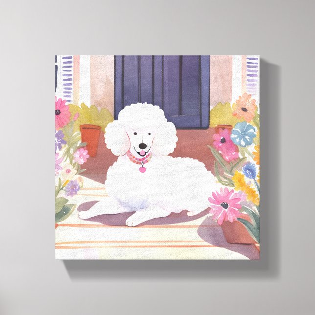 Toile Poodle blanc | Fleurs d'aquarelle pour chien (Recto)