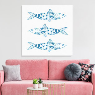 Toile Portugais Lisbonne Sardines Motif Azulejos Blanc