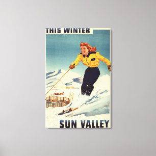 Toile Poster d'une femme à tête rouge souriant et skiant