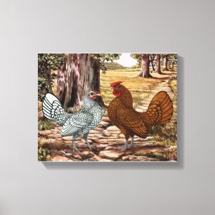 Toile Poule et coq de Sebright dans un arrangement boisé