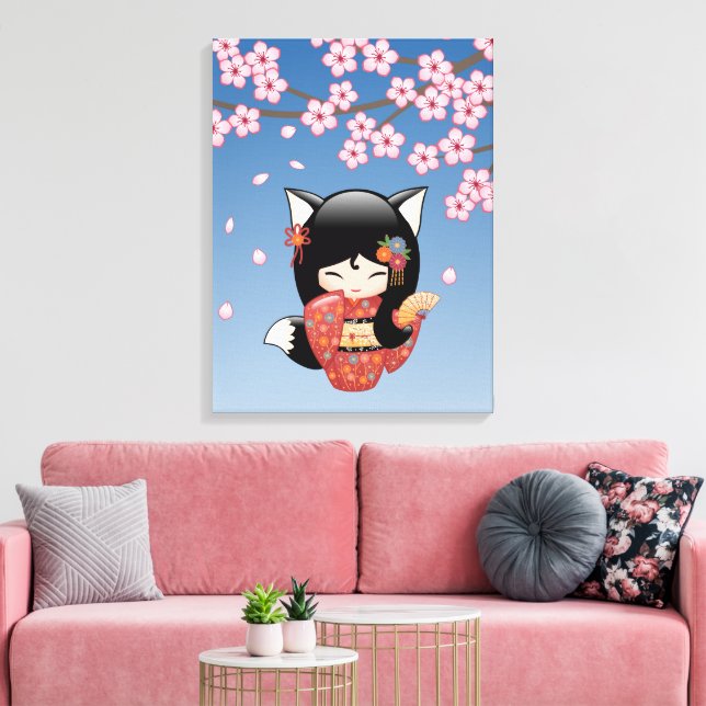 Toile Poupée Kitsune Kokeshi - Black Fox Geisha Girl (Insitu(Salon))