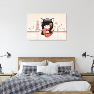 Toile Poupée Kitsune Kokeshi - jolie fille Black Fox