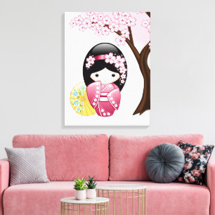 Toile Poupée Kokeshi de printemps - Jolie fille geisha j