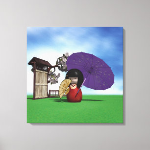 Toile Poupée Kokeshi Japonaise Art Cerisier en Fleur