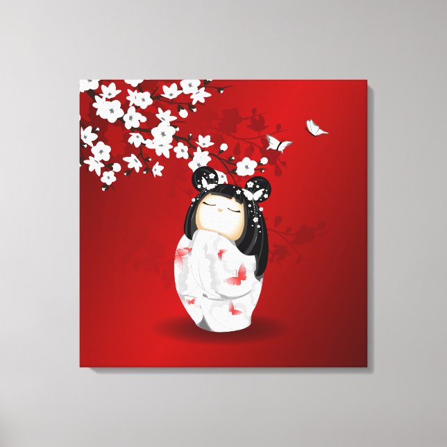 Toile Poupée Kokeshi Rouge Noir Blanc Cerisier Fleurs (Recto)