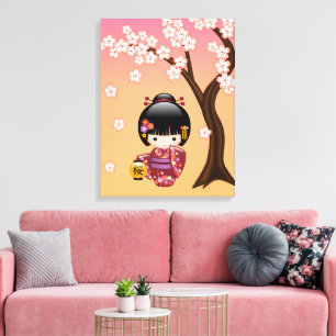 Toile Poupée Kokeshi Sakura - Fille Geisha sur Pêche