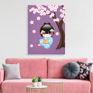 Toile Poupée Maiko Kokeshi - Fille Geisha en Kimono Bleu