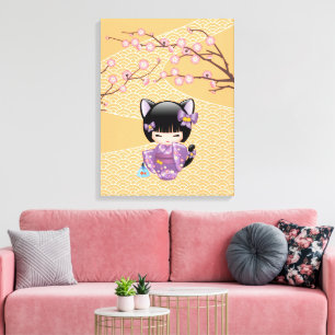 Toile Poupée Neko Kokeshi - Fille Geisha aux Oreilles de