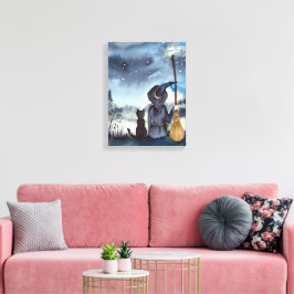 Toile Pour Halloween Chat noir et la Sorcière étoilée nu