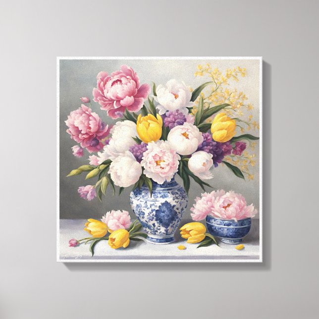 Toile Printemps Chinoiserie Bleu Blanc Vase Peonies Tuli (Recto)