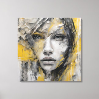 Toile Quadro abstrato rosto de mulher amarelo e cinza
